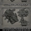Two detailed 3D models of sci-fi vehicles from the CLUTCH faction are displayed against a textured gray background. The top model features a compact design with various mechanical components and a prominent turret, while the bottom model has a more rounded shape with multiple attachments and a cockpit-like structure. Text at the bottom indicates that stretch goals have been unlocked at 4K and 5K NZD, with additional stretch goals planned.