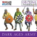 A group of four Dark Age warriors is depicted, each holding various weapons and shields. The figures are dressed in colorful tunics, with one wearing a green tunic and another in purple, showcasing a mix of styles and armor. The background features the title "DARK AGES ARMY" prominently displayed, along with the Wargames Atlantic logo at the top.