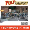 A group of 24 multi-part plastic miniatures representing modern civilians and post-apocalyptic survivors, set against an urban backdrop. The figures include a variety of poses, with some holding weapons and others carrying signs, such as one that reads "RISE UP!" The scene features a mix of clothing styles, showcasing a diverse range of characters suitable for tabletop gaming.