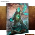 A visually striking Battletome cover for "Helsmiths of Hashut" features a powerful, armored figure emanating a ghostly green glow, symbolizing dark magic and chaos. The character is depicted in a dynamic pose, surrounded by swirling mist and ethereal energy, set against a backdrop of ominous, shadowy landscapes. The title "HELSMITHS OF HASHUT" is prominently displayed at the bottom, with intricate designs on the spine and a textured, dark gold background enhancing the overall dramatic effect.