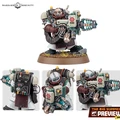 A detailed miniature of a character from the Leagues of Votann, featuring a robust figure with a large, round body and a prominent head. The character is equipped with a futuristic weapon in one hand and has various mechanical components and gadgets on their back, including a large pack with buttons and lights. The color scheme includes shades of gray, red, and teal, with a textured base that has tufts of grass, enhancing the overall sci-fi aesthetic.