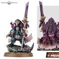 A detailed miniature of a character from the Leagues of Votann, featuring a figure clad in intricate armor with a mix of blue and purple tones. The character wields a large, ornate sword and stands on a rocky base adorned with grass and purple accents. The back of the figure showcases a flowing cape with a textured design, emphasizing its unique and formidable presence.