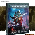 A detailed cover of the "Codex: Leagues of Votann" features a central figure wielding a large sword, dressed in ornate armor, accompanied by a smaller character in a hooded cloak. The background showcases a chaotic battle scene with various futuristic elements, including weapons and machinery. The title "Codex: Leagues of Votann" is prominently displayed at the bottom, with a vibrant color palette that includes blues, reds, and metallic tones, enhancing the dramatic atmosphere.