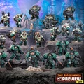 A group of miniature figures representing the Leagues of Votann stands prominently against a rocky, textured backdrop. The models are predominantly clad in teal and dark armor, showcasing various weapons and equipment, including guns and melee weapons. The scene features a mix of characters, including a central figure with a glowing sword, all arranged in a dynamic formation that highlights their unique designs and details.