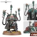 A detailed miniature of a character from the Leagues of Votann, featuring a robust figure clad in a long, dark robe with intricate patterns. The character has a prominent, rounded chest piece and is equipped with various high-tech devices, including multiple antennae and a weapon in one hand. The base is adorned with small rocks and grass, enhancing the sci-fi aesthetic of the model.