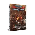 A physical edition of "Warhammer 40,000: Wrath & Glory, Threat Assessment: Daemons & Heretics" is displayed, featuring a striking cover illustration. The artwork depicts various Chaos forces, including armored figures and menacing creatures, set against a dark, chaotic background. The title is prominently featured at the top, with the subtitle "Threat Assessment: Daemons & Heretics" displayed at the bottom, emphasizing the book's focus on the forces of Chaos in the Warhammer 40,000 universe.