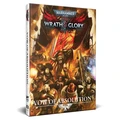 A physical edition of "Warhammer 40,000: Wrath & Glory, Vow of Absolution" is displayed, featuring a striking cover illustration. The artwork depicts Astartes warriors in battle, with one prominently wielding a sword and a banner, set against a fiery backdrop. The title "VOW OF ABSOLUTION" is clearly visible at the bottom, along with the "Wrath & Glory" logo at the top.