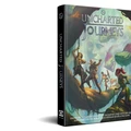 A fantasy role-playing game supplement titled "Uncharted Journeys" is prominently displayed, featuring a colorful cover illustration. The artwork depicts a diverse group of adventurers, including a warrior, a rogue, and a spellcaster, navigating a lush, mystical landscape filled with fantastical creatures and vibrant foliage. The spine of the book is visible, showcasing the title and a logo, while the tagline at the bottom invites players to undertake dangerous journeys in uncharted lands.