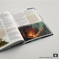 An open book titled "Uncharted Journeys" displays various sections of text and illustrations. One page features a detailed image of adventurers gathered around a campfire, with a backdrop of dark, mysterious woods. The opposite page contains text discussing journey rules and exploration, alongside smaller illustrations, including a creature peeking from behind foliage.