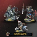 A trio of miniatures from the Khador Old Umbrey Battlegroup Box Set is displayed against a dark, textured background. On the left, a fierce, wolf-like warbeast with spiky fur stands on a rocky base, while in the center, a character wielding a rifle is dressed in fur-lined clothing, poised for action. To the right, a heavily muscled figure with a ram-like head brandishes a spear and shield, adorned with tribal elements. The bottom of the image features a banner with the text "KHADOR OLD UMBREY BATTLEGROUP BOX SET."