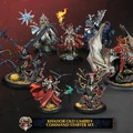 A collection of intricately designed miniatures from the Khador Old Umbrey Command Starter Set is displayed against a dark background. The set features several characters, including a witch with a fiery hand, a cloaked figure wielding a staff, and a fierce warbeast resembling a dragon. The miniatures are detailed with vibrant colors and textures, showcasing elements like flowing robes, twisted branches, and mystical symbols, all set on bases adorned with grass and stones. A banner at the bottom identifies the set as the "KHADOR OLD UMBREY COMMAND STARTER SET."