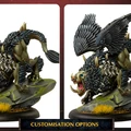 A detailed miniature showcases a fierce warbeast with a muscular, spiked body and a mix of animal features, including a boar-like head and large, feathered wings. The creature stands on a rocky base adorned with tufts of grass, emphasizing its dynamic pose. Below the image, the text "CUSTOMISATION OPTIONS" highlights the ability to modify the miniature, suggesting various head options for personalization.