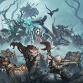 A dynamic scene features a variety of characters and creatures from the Old Umbrey Command Starter and Battlegroup Box. In the foreground, a fierce, wolf-like warbeast with red markings stands alongside a soldier aiming a rifle, while a small bird perches nearby. In the background, a witch in flowing robes commands a spectral figure, flanked by various warbeasts and warriors, all set against a misty, eerie landscape filled with twisted trees and shadowy figures.
