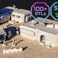 A collection of modular sci-fi terrain pieces is displayed, featuring several white structures with angular designs, crates, and miniature figures posed in action. The terrain includes various buildings that suggest a futuristic outpost, set against a sandy surface. Prominent text highlights "100+ STLs" and "$14 USD EARLY BIRD," indicating the campaign's offerings and pricing.