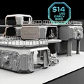 A collection of modular sci-fi terrain pieces designed for tabletop gaming, featuring various structures with a sleek, functional aesthetic. The terrain includes buildings with detailed textures, railings, and access points, suitable for creating diverse environments from outposts to high-tech installations. A blue badge in the corner indicates an early bird price of $14 USD for backers.