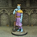 A blue-skinned humanoid figure stands confidently, adorned in a flowing purple robe with a golden belt and a yellow shoulder cape. The character holds a large, ornate staff with a textured grip, and wears a crown-like headpiece featuring butterfly motifs. The backdrop consists of stone walls with gothic arches, enhancing the fantasy setting.