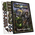 A starter set for Kings of War: Champions, featuring a rulebook titled "Legends Forged in Battle" prominently displayed, alongside sheets of die-cut cardboard counters. The artwork on the cover depicts a fierce battle scene with a human warrior and green-skinned ogres, emphasizing the game's skirmish-scale focus. The counters include various tokens and terrain elements, enhancing gameplay for the included ogre and halfling forces.