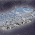 A detailed 3D model of a futuristic spaceship, featuring a sleek, angular design with various compartments and structures on its surface. The ship is predominantly white, showcasing intricate paneling and mechanical elements, including engines and antennas. It is set against a dark, starry background, emphasizing its sci-fi aesthetic.