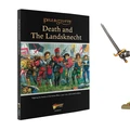 A book titled "Death and The Landsknecht" from the Pike & Shotte series is prominently displayed, featuring colorful illustrations of Landsknecht mercenaries in vibrant, patterned clothing, wielding various weapons. The background depicts a battlefield scene with flags and soldiers, emphasizing the Italian Wars of 1494-1559. To the right, a detailed miniature of Richard de la Pole, known as ‘The White Rose’, is shown, holding a sword and dressed in period attire.