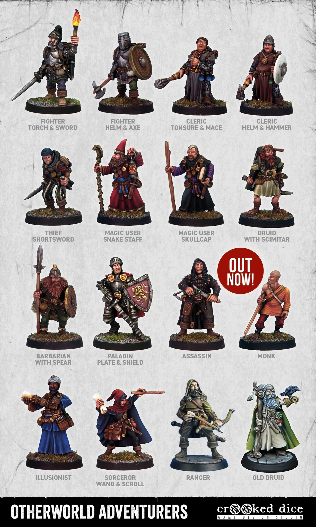 A collection of fantasy miniatures from Crooked Dice features various adventurers, including a thief with a shortsword, a barbarian with a spear, and a paladin with a plate and shield. Other characters include magic users, an assassin, a monk, and an old druid, each intricately detailed and painted. The bottom of the image displays the text "OTHERWORLD ADVENTURERS" along with the Crooked Dice logo, emphasizing the release of these new figures.