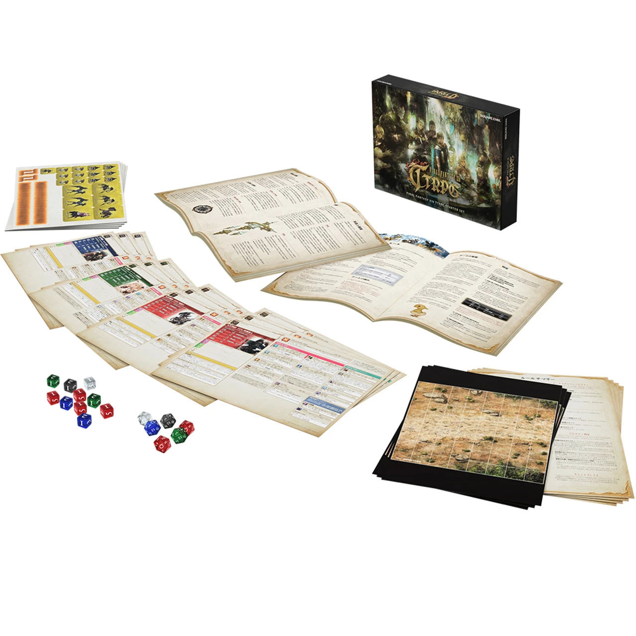 Showing what's inside the Final Fantasy XIV Starter Set, dice, tokens, maps, characters, players book, gm's book and the Box