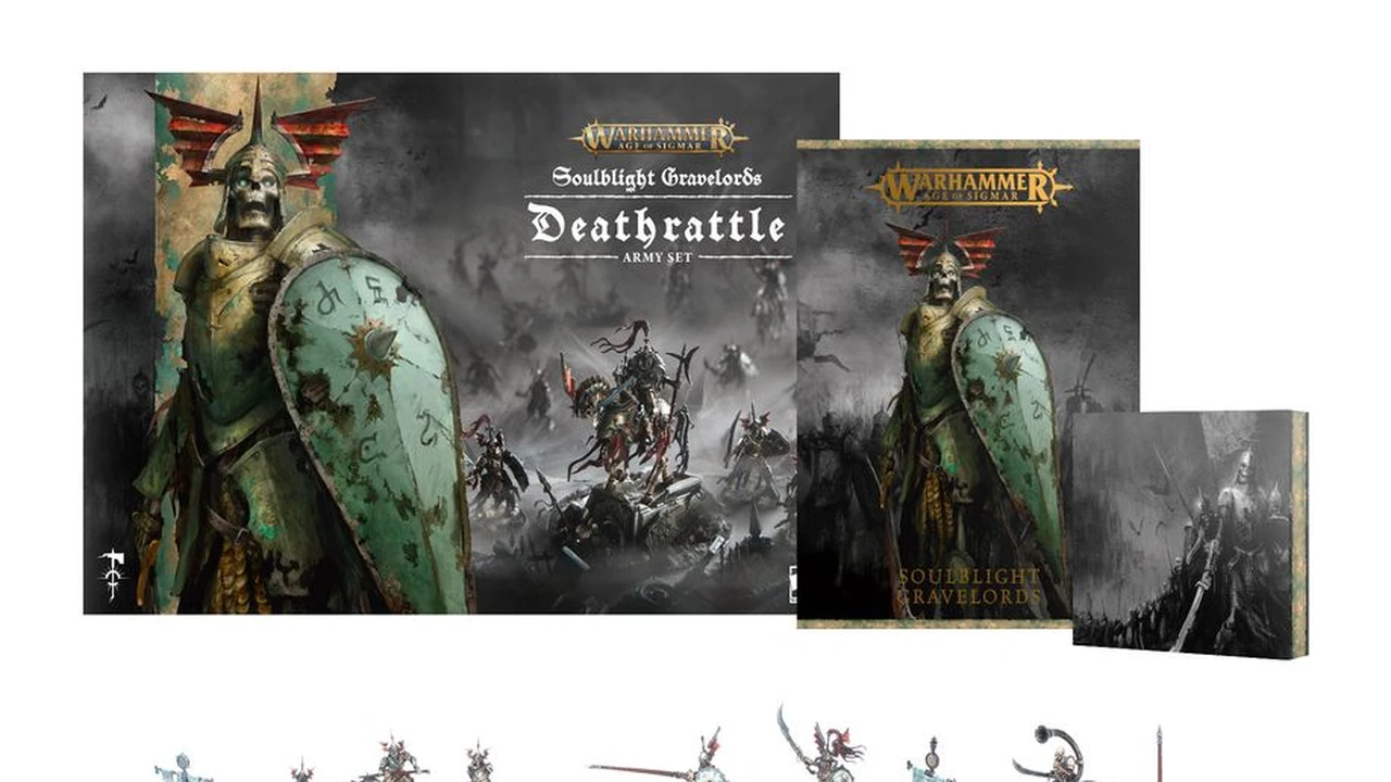 A collection of miniatures and game components from the Soulblight Gravelords Deathrattle Army Set is displayed. In the center, a mounted Wight King stands prominently, surrounded by five Barrow Knights and 20 Barrow Guard figures, all intricately detailed. The set also includes the Battletome: Soulblight Gravelords and a set of warscroll cards, with the packaging featuring dark, atmospheric artwork that complements the undead theme.