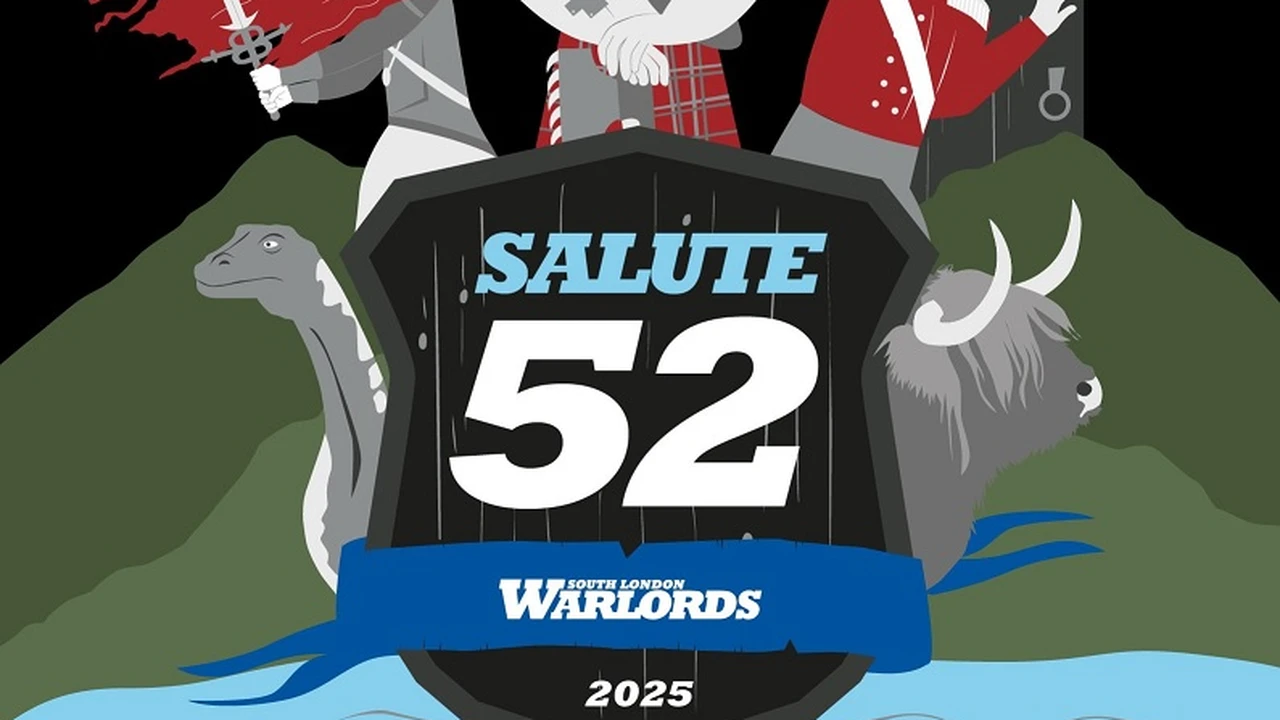 A stylized graphic featuring a central shield with the text "SALUTE 52" prominently displayed, along with the phrase "South London Warlords" and the year "2025." Surrounding the shield are four characters: a warrior with a sword and shield, a bagpiper, a soldier in a red coat, and a woman with a sword and blue mask. In the background, there are elements like a dinosaur and a highland cow, set against a dark sky with lightning. The bottom of the image includes the text "There can be only one day of SALUTE!"
