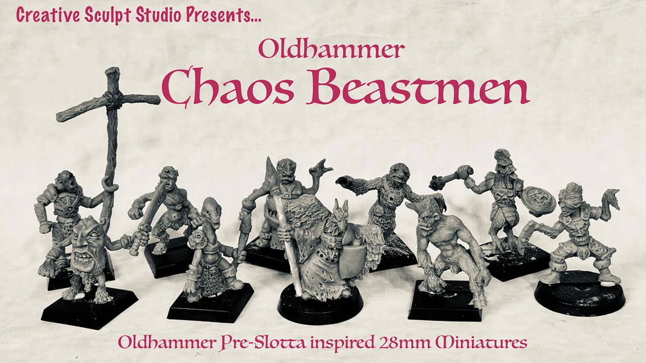 A collection of ten hand-sculpted, 28mm scale Chaos Beastmen miniatures is displayed prominently, showcasing a variety of dynamic and expressive designs. Each figure features unique characteristics, such as exaggerated limbs and distinct facial expressions, reflecting an Oldhammer aesthetic. The background includes stylized text announcing "Oldhammer Chaos Beastmen" and "Oldhammer Pre-Slotta inspired 28mm Miniatures," emphasizing the campaign's theme.