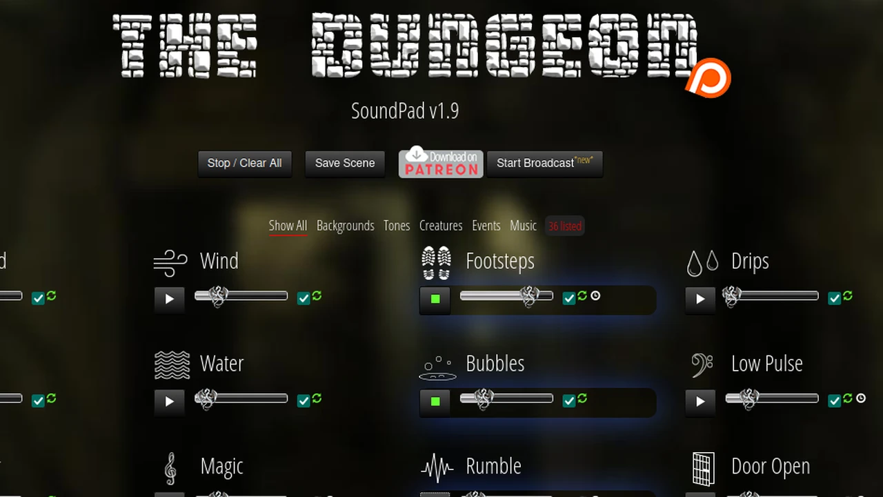 A page from the site showing all the different soundscape elements for dungeons