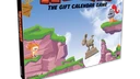 A colorful box for "Worms: The Gift Calendar Game" features a vibrant illustration of cartoonish landscapes with green hills and rocky cliffs. Prominent characters include a pink worm wearing a crown and a knight, both positioned on the cliffs, while a hot air balloon floats in the sky. The title is boldly displayed at the top, emphasizing the festive theme of the advent calendar.
