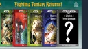 The image features five classic Fighting Fantasy adventure books lined up in a row, each with distinct cover art. From left to right, the titles are: "The Forest of Doom," "The Citadel of Chaos," "City of Thieves," "Deathtrap Dungeon," and "The Warlock of Firetop Mountain," which is marked with a question mark, indicating its cover is yet to be revealed. The covers showcase vibrant illustrations, with themes of fantasy and adventure, and the text prominently displays the titles and authors, Steve Jackson and Ian Livingstone. The background is a dark color, enhancing the visibility of the book covers and the bold title "Fighting Fantasy Returns!" at the top.