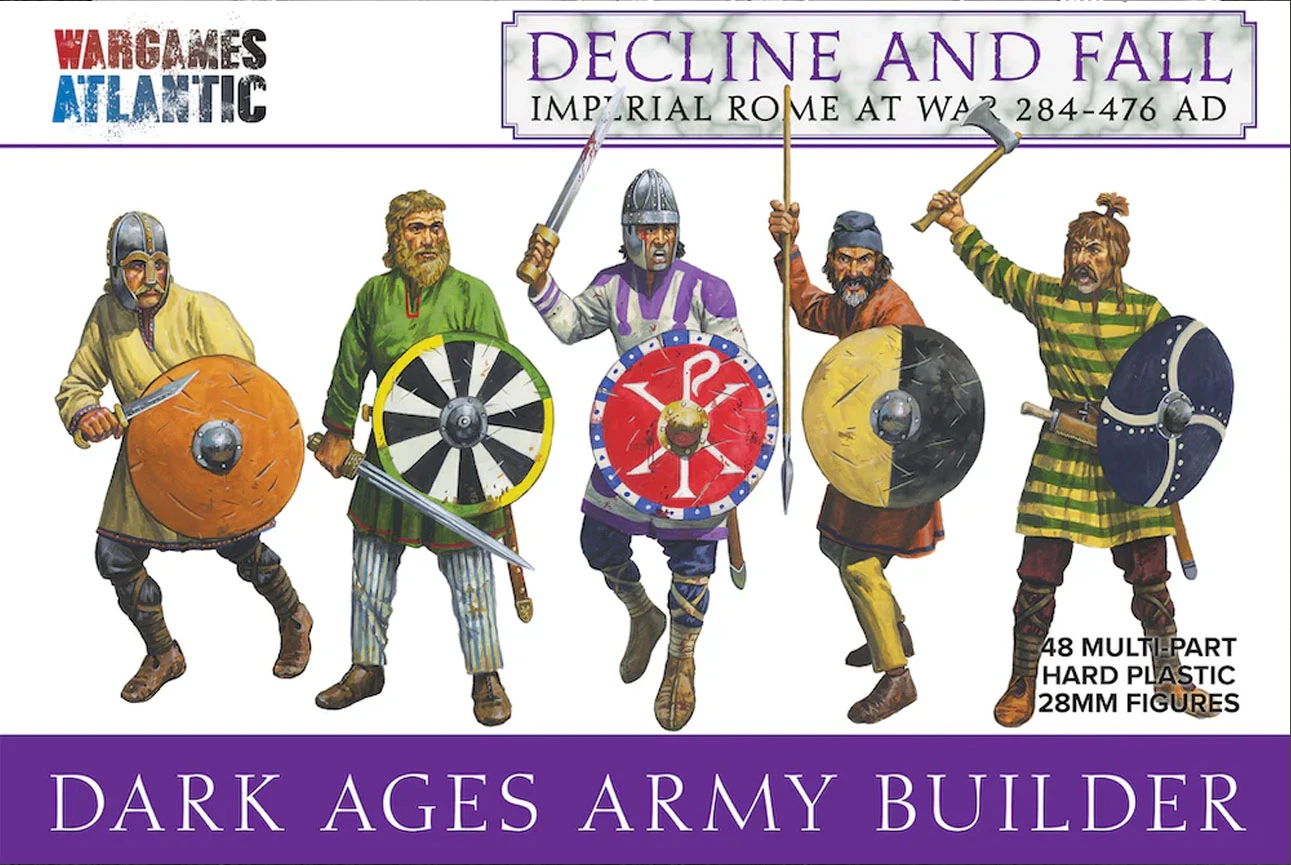 A group of four Dark Age warriors is depicted, each holding various weapons and shields. The figures are dressed in colorful tunics, with one wearing a green tunic and another in purple, showcasing a mix of styles and armor. The background features the title "DARK AGES ARMY" prominently displayed, along with the Wargames Atlantic logo at the top.