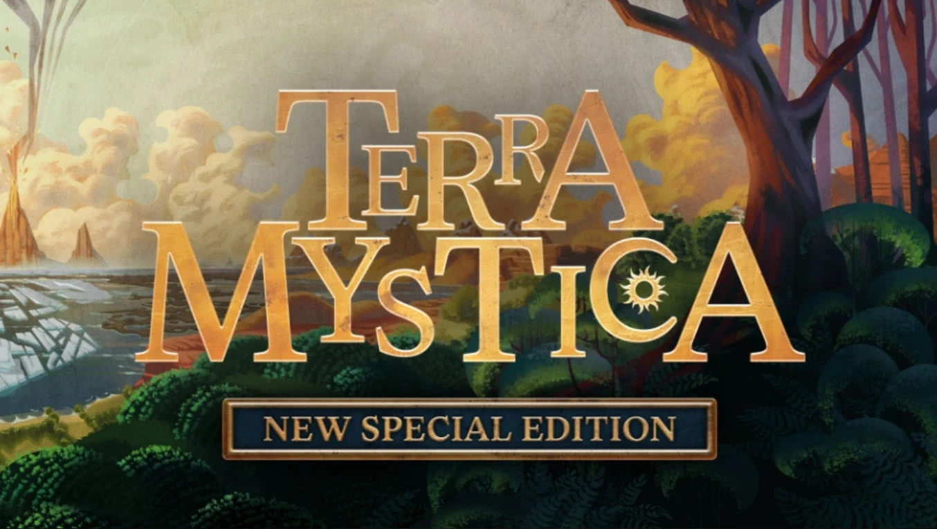 The image features the title "TERRA MYSTICA" prominently displayed in a stylized font, with the words "NEW SPECIAL EDITION" beneath it. The background showcases a vibrant landscape with rolling hills and trees, rendered in warm colors, creating a fantastical atmosphere. A sun symbol is integrated into the design, adding to the thematic elements of the game.