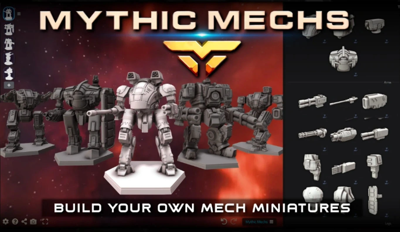 Four detailed mech miniatures are displayed prominently against a vibrant, cosmic background. The mechs vary in design, showcasing different styles and features, with one in the foreground standing on a hexagonal base. To the right, a selection of mech parts and weapons is visible, emphasizing the customization options available. The title "MYTHIC MECHS" is boldly featured at the top, along with the tagline "BUILD YOUR OWN MECH MINIATURES" at the bottom.