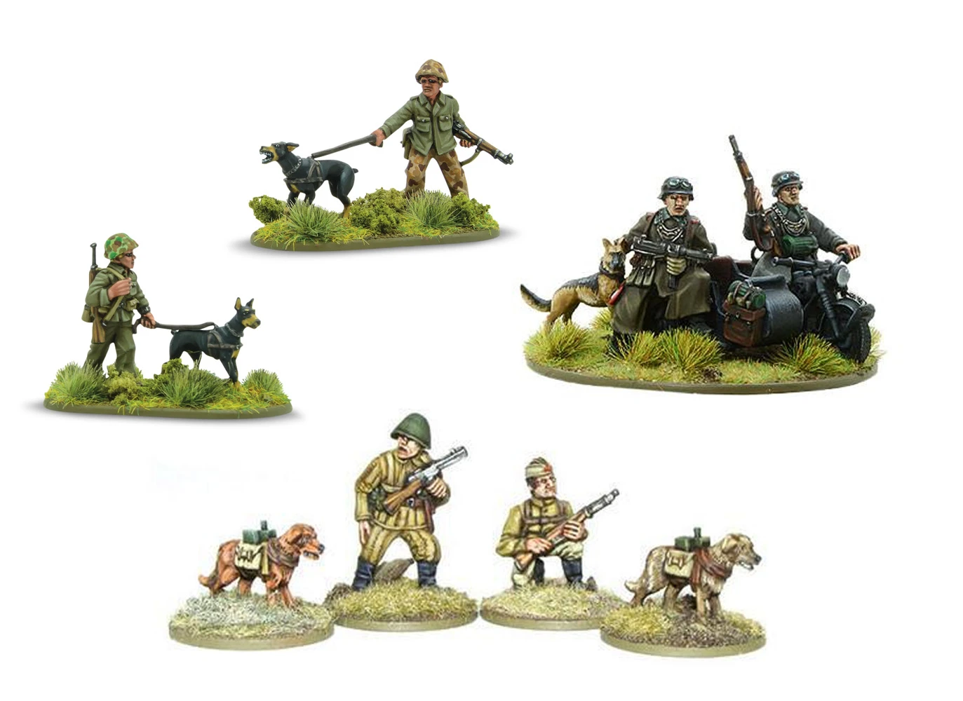 A collection of miniature figures showcases various dog-related models from Warlord Games. In the top section, a soldier with a dog is accompanied by two German soldiers on a motorcycle with a dog, all set on a grassy base. The bottom section features a soldier with a rifle alongside two additional figures, one holding a weapon and another with a dog wearing a pack, all on a similar grassy terrain.