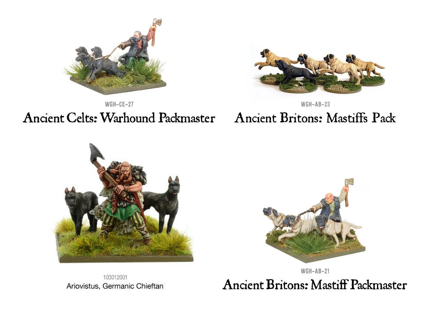 A collection of tabletop miniatures features various dog-related figures from Warlord Games, celebrating International Dogs Day. The top section includes a "Hound Packmaster" with a handler and several dogs, alongside an "Ancient Britons: Mastiffs Pack" showcasing multiple mastiffs. The bottom section displays a "Celtic Chieftain" with a dog and an "Ancient Britons: Mastiff Packmaster" riding a dog, both set against grassy bases.