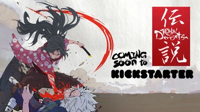 A dynamic illustration features a fierce battle scene with a warrior in a red kimono wielding a katana, poised over a fallen opponent with white hair. The background is a muted landscape, enhancing the dramatic red splashes that suggest movement and intensity. The text "COMING SOON TO KICKSTARTER" is prominently displayed alongside the title "Rōnin Densetsu" in stylized characters, emphasizing the upcoming expansion.