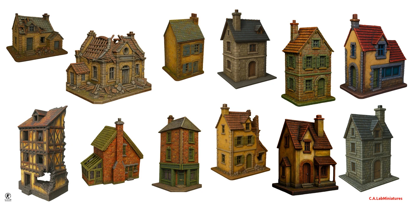 A collection of eight detailed 28mm scale miniature buildings, showcasing various architectural styles. The structures include a half-timbered house with a broken wall, a stone building with a decorative facade, and several others featuring brick and tiled roofs, some with weathered textures and signs of damage. The color palette consists of earthy tones, with shades of brown, gray, and green, enhancing the historical ambiance suitable for tabletop gaming.