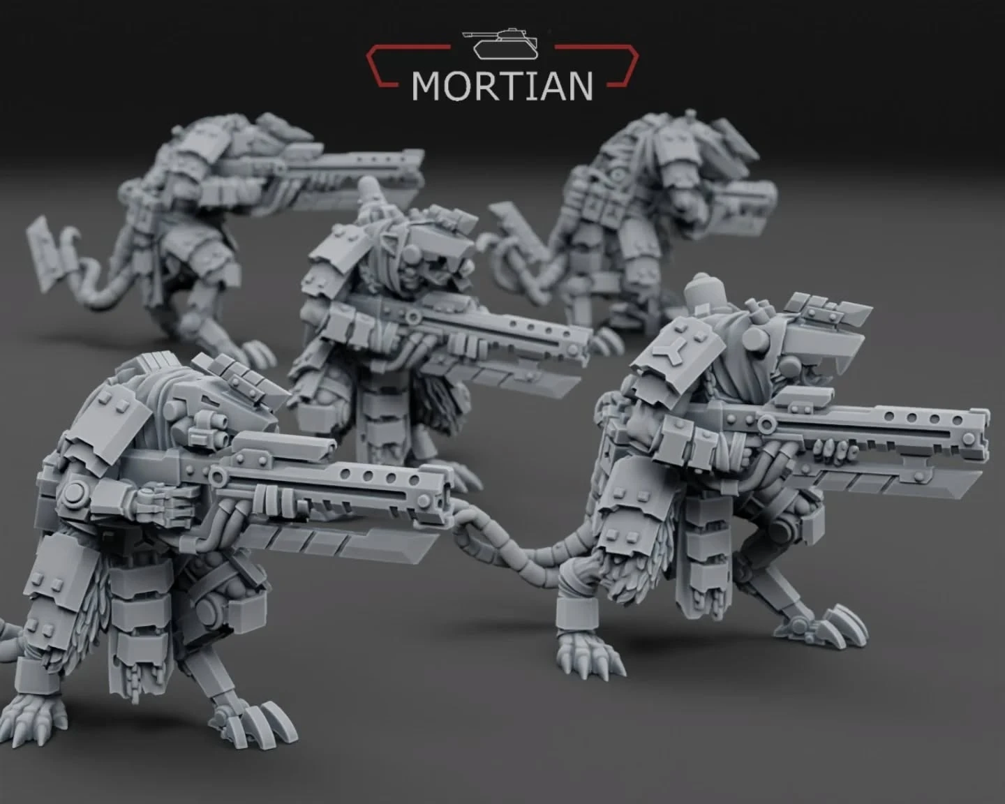 A group of five armored cyberrats is displayed, each holding distinctive rifles with both long and short barrels. The miniatures are intricately detailed, showcasing various mechanical elements and armor plating, emphasizing their elite status. The background is a smooth, dark surface, enhancing the focus on the gray models, while the "MORTIAN" logo is prominently featured at the top.