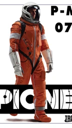 An astronaut in an orange space suit walks confidently, showcasing a sleek helmet and metallic arm attachments. The background features bold text stating "P-MINUS 07 DAYS" above the word "PIONEER," which is prominently displayed in a stylized font. The overall design conveys a sense of urgency and excitement for the upcoming space exploration RPG.
