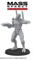 A detailed gray resin miniature from the Mass Effect universe stands on a circular black base, depicting a humanoid figure with a sleek, armored design. The figure features intricate mechanical details, including visible joints and a raised arm holding a weapon, suggesting a combat-ready stance. The Mass Effect logo is prominently displayed at the top, along with the Modiphius Entertainment branding at the bottom.