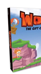A colorful box for "Worms: The Gift Calendar Game" features a vibrant illustration of cartoonish landscapes with green hills and rocky cliffs. Prominent characters include a pink worm wearing a crown and a knight, both positioned on the cliffs, while a hot air balloon floats in the sky. The title is boldly displayed at the top, emphasizing the festive theme of the advent calendar.