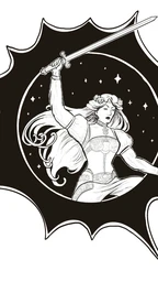 A dynamic black and white illustration features a heroic female figure wielding a sword, poised in an action stance. She has long flowing hair and is adorned in a detailed outfit, with intricate designs visible on her sleeves and waist. The background includes a circular motif filled with stars, surrounded by a jagged, starburst-like outline, enhancing the sense of movement and energy in the scene.