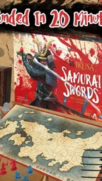 A vibrant promotional image for the 40th anniversary edition of "Ikusa Samurai Swords" features the game box prominently displayed against a textured red background. Below the box, a detailed game board depicting a map of feudal Japan is visible, along with several black samurai swords arranged in a fan shape. Bold text at the top reads "Play in 20 Minutes!" while the bottom includes a call to action stating "ONLY ON Gamefound."