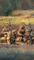 A group of six British army miniatures is depicted in a natural setting, with a backdrop of greenery and a hint of rain. The soldiers are dressed in modern camouflage uniforms and equipped with various weapons, including rifles and gear typical of contemporary military operations. They are positioned in a tactical formation, some seated and others standing, showcasing a range of unique sculpts that highlight their individual poses and details.