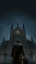 A figure in a dark coat and hat stands with their back to the viewer, facing a large, gothic-style church illuminated by a single light in the upper window. The scene is set in a rainy atmosphere, with droplets visible in the air, and the church is surrounded by a wrought-iron fence, adding to the ominous ambiance. The overall color palette is dark and moody, enhancing the sense of mystery and foreboding.
