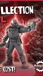 A striking promotional image showcases two detailed sci-fi miniatures from RedMakers' "The Grand Army Collection." On the left, a soldier in tactical gear holds a large firearm, while on the right, another figure wields a sword and sports a menacing helmet. In the background, a multitude of additional miniatures is visible, emphasizing the extensive range of over 1000 STL files available for wargamers and collectors. Bold text at the bottom highlights "ENTIRE ARMIES AT A FRACTION OF THE COST!"