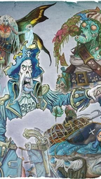 A vibrant illustration features four undead pirate characters. On the left, a faerie pirate with large, dark wings and flowing hair is depicted, wearing a tattered dress. In the center, an undead pirate captain in a blue coat and tricorn hat, with a skeletal face and a long beard, gestures dramatically. To the right, a green-skinned pirate with a patchy outfit and various sea creatures adorning her body holds a weapon, while a crab-like creature with a pirate hat and bulging eyes sits in the foreground, showcasing a treasure-laden shell. The background has a textured, oceanic theme, enhancing the eerie atmosphere.