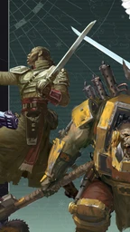 A dynamic illustration features four distinct characters from the Warhammer 40,000 universe. On the left, a Space Marine in blue armor holds a pistol, while a figure in a military uniform brandishes a sword in the center. To the right, an imposing Ork in yellow armor displays a fierce expression, and behind him, a character with a mechanical arm and a large weapon stands ready for battle. The background includes a stylized map, enhancing the sci-fi atmosphere of the scene.