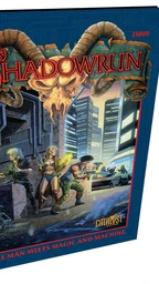 A vibrant cover of the "Shadowrun: First Edition: Anniversary Reproduction" book features a dramatic illustration of a cyberpunk scene. In the foreground, three characters—a woman with a futuristic outfit and weapons, a man with cybernetic enhancements, and another character wielding a firearm—are depicted in an urban environment filled with neon lights and towering buildings. The title "SHADOWRUN" is prominently displayed at the top, accompanied by the tagline "WHERE MAN MEETS MAGIC AND MACHINE" at the bottom, all set against a blue background with intricate circuit patterns.